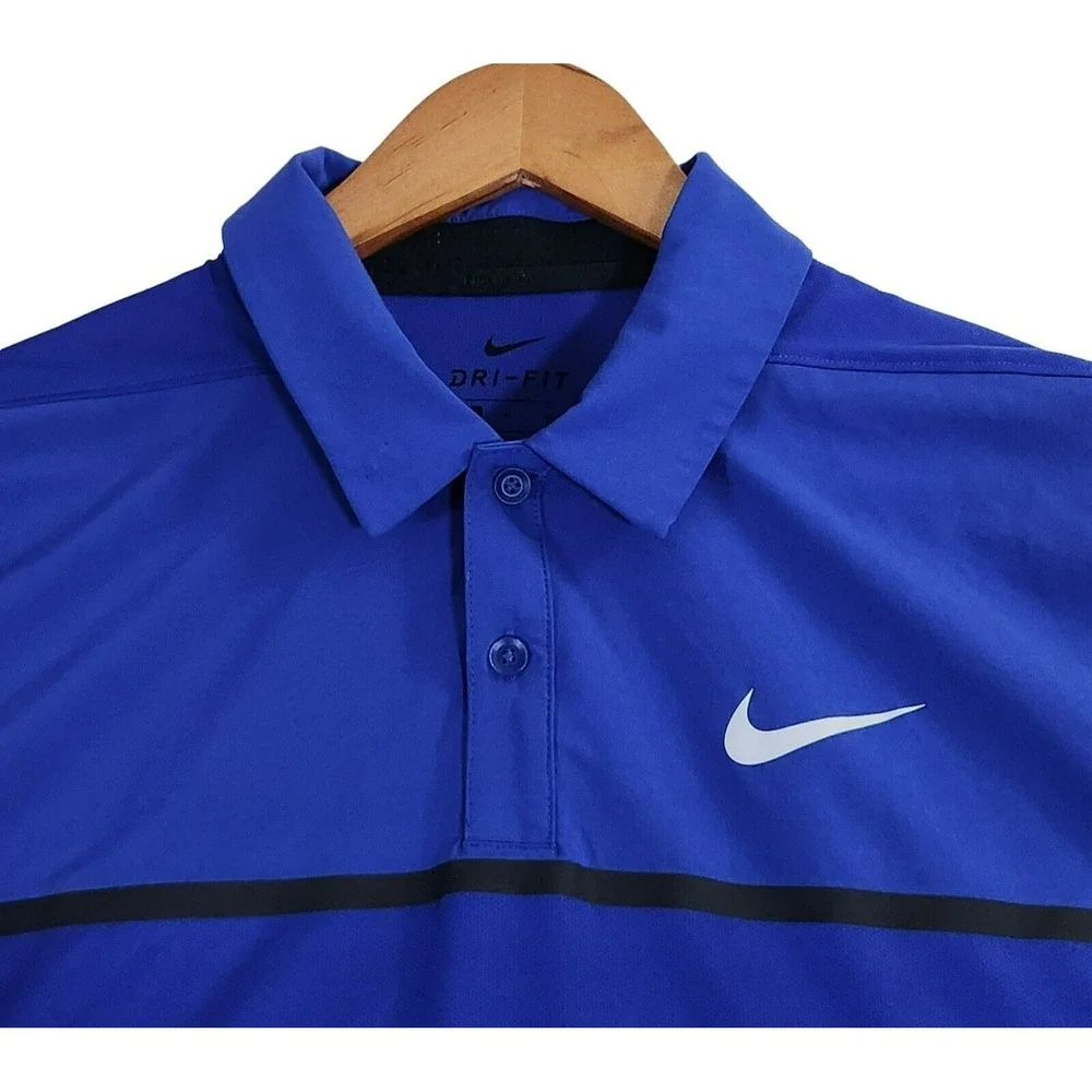 Nike Polo Shirt Men's Medium Blue Black strip Performance‎ Golf Dri Fit